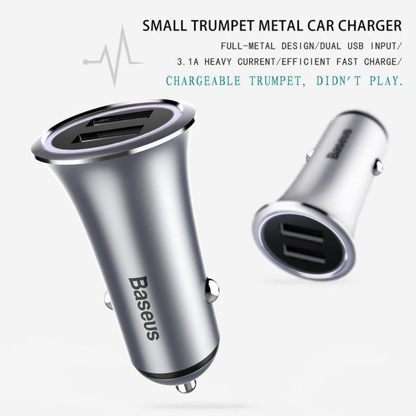 Planet Gates Baseus Metal Dual USB Car Charger For iPhone Samsung Xiaomi mi Huawei LED Light Car Charging Mobile Phone Charger Car Adapter