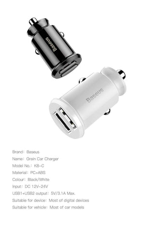 Planet Gates Baseus Mini Car Charger For iPhone Xs Samsung Xiaomi mi 3.1A Fast Car Charging Dual USB Car Charger Adapter Mobile Phone Charger