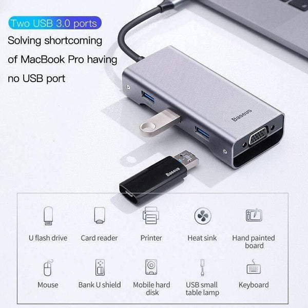 Baseus Multi USB C HUB to HDMI USB 3.0 SD TF Card Reader VGA Adapter USB Splitter for MacBook Pro Air Type C Charging USB C Dock (8 in 1 USB C HUB)