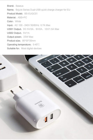 Planet Gates Baseus QC 3.0 Dual USB Charger Adapter EU Plug Travel Wall Quick Charge Charger For iPhone Samsung Xiaomi Mobile Phone Charger
