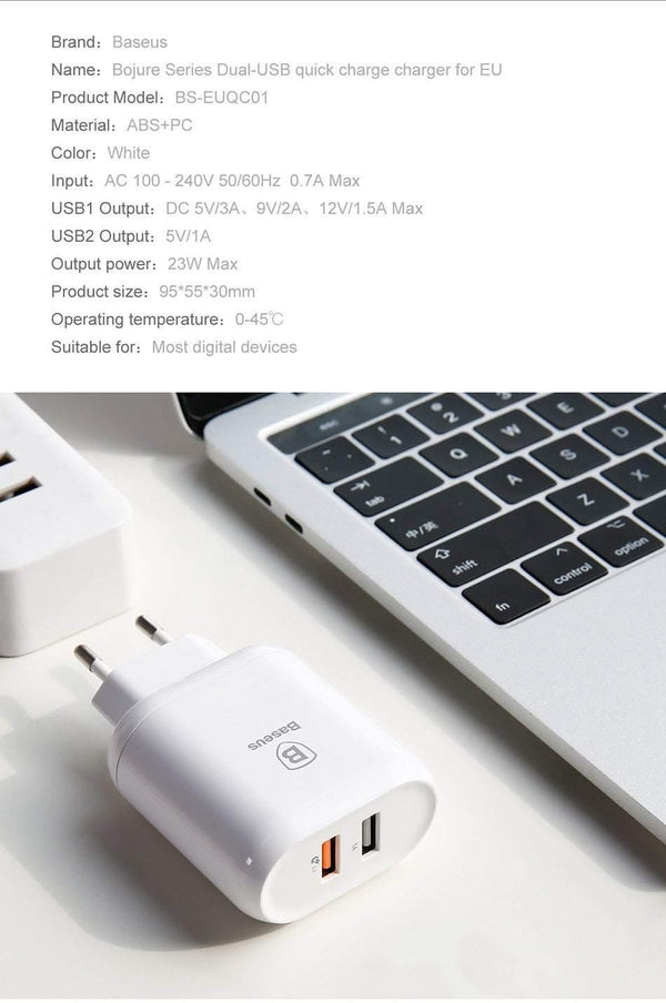 Planet Gates Baseus QC 3.0 Dual USB Charger Adapter EU Plug Travel Wall Quick Charge Charger For iPhone Samsung Xiaomi Mobile Phone Charger