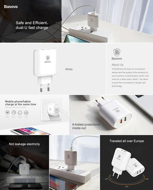 Planet Gates Baseus QC 3.0 Dual USB Charger Adapter EU Plug Travel Wall Quick Charge Charger For iPhone Samsung Xiaomi Mobile Phone Charger