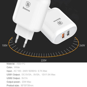 Planet Gates Baseus QC 3.0 Dual USB Charger Adapter EU Plug Travel Wall Quick Charge Charger For iPhone Samsung Xiaomi Mobile Phone Charger