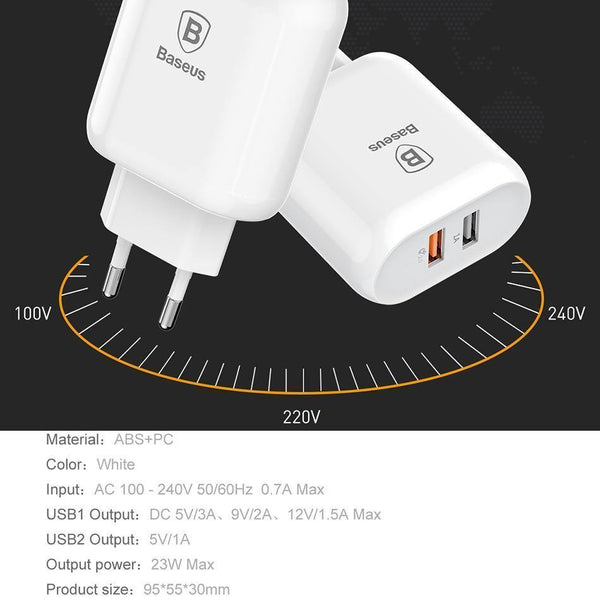 Planet Gates Baseus QC 3.0 Dual USB Charger Adapter EU Plug Travel Wall Quick Charge Charger For iPhone Samsung Xiaomi Mobile Phone Charger