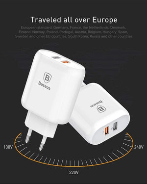 Planet Gates Baseus QC 3.0 Dual USB Charger Adapter EU Plug Travel Wall Quick Charge Charger For iPhone Samsung Xiaomi Mobile Phone Charger