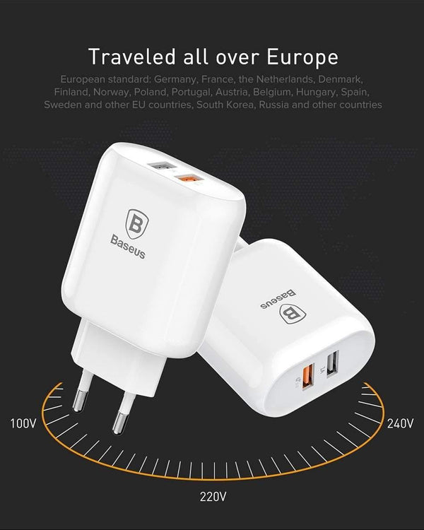 Planet Gates Baseus QC 3.0 Dual USB Charger Adapter EU Plug Travel Wall Quick Charge Charger For iPhone Samsung Xiaomi Mobile Phone Charger