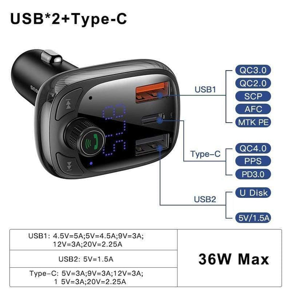 Baseus Quick Charge 4.0 Car Charger for Phone FM Transmitter Bluetooth Car Kit Audio MP3 Player Fast Dual USB Car Phone Charger (BLACK)