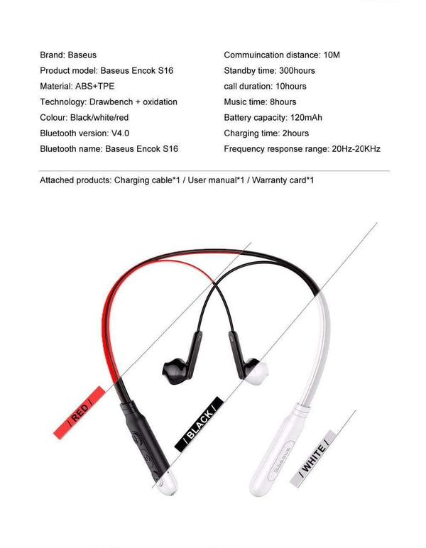 Planet Gates Baseus S16 Bluetooth Earphone Built-in Mic Wireless Lightweight Neckband Sport Headphone earbuds stereo auriculares for phone