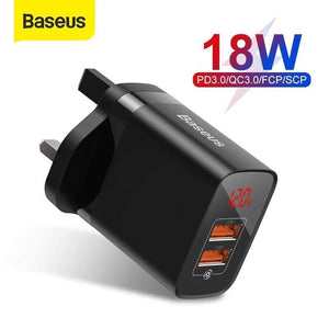 Baseus UK Plug Fast Charger 18W USB C PD Charger Quick Charge 3.0 Dual USB Ports Charger with Digital Display for Smartphone