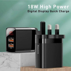 Baseus UK Plug Fast Charger 18W USB C PD Charger Quick Charge 3.0 Dual USB Ports Charger with Digital Display for Smartphone