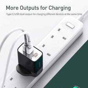 Baseus UK Plug Fast Charger 18W USB C PD Charger Quick Charge 3.0 Dual USB Ports Charger with Digital Display for Smartphone
