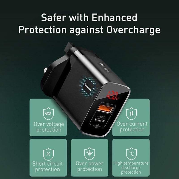 Baseus UK Plug Fast Charger 18W USB C PD Charger Quick Charge 3.0 Dual USB Ports Charger with Digital Display for Smartphone