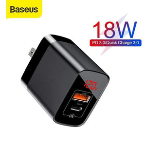 Baseus US Plug 18W Charger USB C PD Fast Charging Wall Charger Quick Charge 3.0 Dual USB Ports Charger with Digital Display