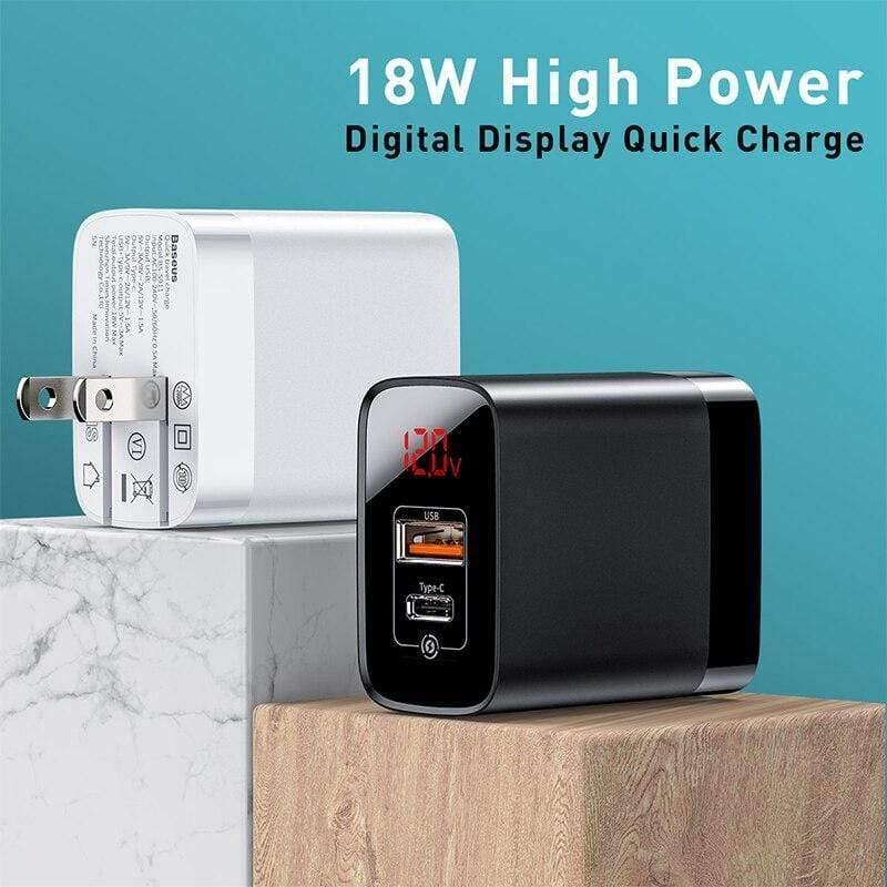 Baseus US Plug 18W Charger USB C PD Fast Charging Wall Charger Quick Charge 3.0 Dual USB Ports Charger with Digital Display