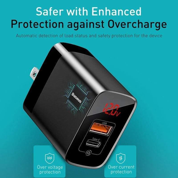 Baseus US Plug 18W Charger USB C PD Fast Charging Wall Charger Quick Charge 3.0 Dual USB Ports Charger with Digital Display