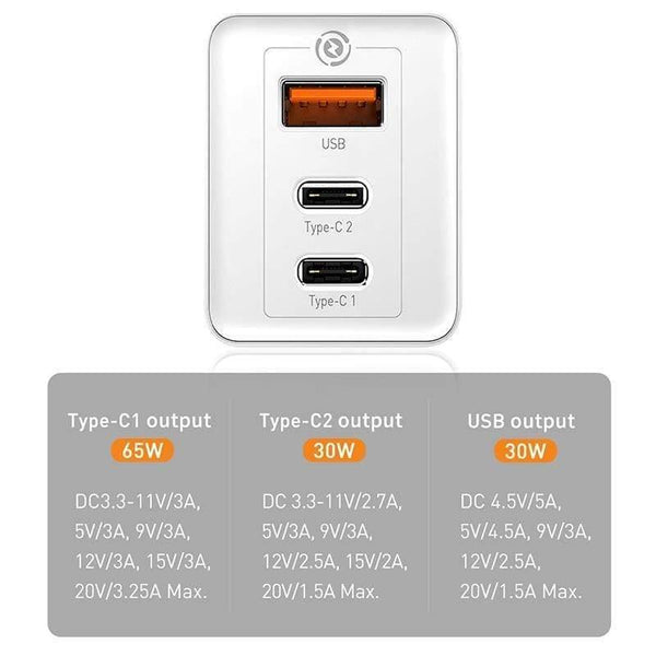 Baseus US Plug GaN Fast Charger 65W Quick Charge 4.0 3.0 USB C PD Charger 3 USB Ports Portable Charger For iPhone Huawei Xiaomi