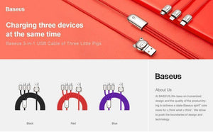 Planet Gates Baseus USB Cable For iPhone Xs Max X Xr 3 in 1 Micro USB Cable Fast Charging Charger USB Type C Type-c Cable Mobile Phone Cables