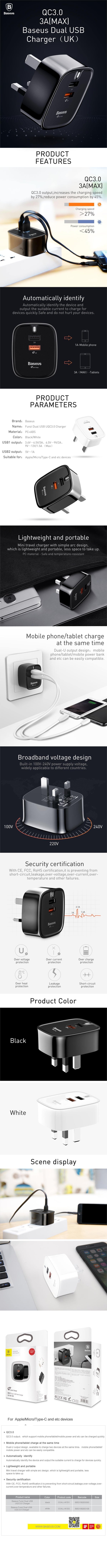 Planet Gates Baseus USB Charger Quick Charge 3.0 Turbo Wall Charger UK Plug QC3.0 QC Fast Charging Charger For Samsung Tablet Mobile Phone