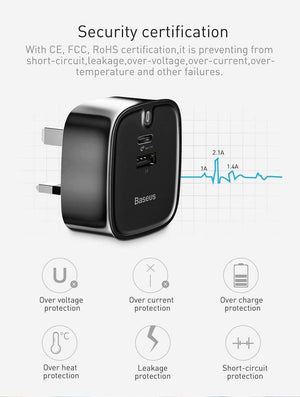 Planet Gates Baseus USB PD Charger For iPhone 30W Fast Charging UK Plug Type-c Adapter For Mobile Phone Travel Wall 3A Type C PD USB Charger