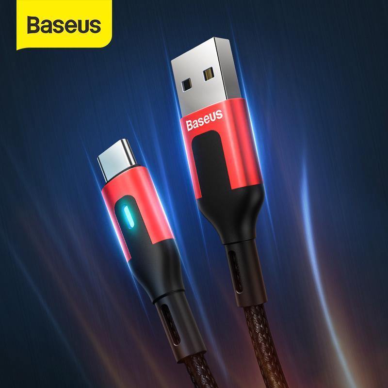 Baseus USB Type C Cable for Redmi Note 9 9s 8 Pro Quick Charge 3.0 Type C Cable LED for Xiaomi 10 Samsung S20 USB C Charger Cord