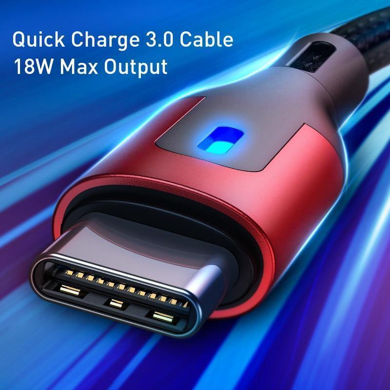 Baseus USB Type C Cable for Redmi Note 9 9s 8 Pro Quick Charge 3.0 Type C Cable LED for Xiaomi 10 Samsung S20 USB C Charger Cord