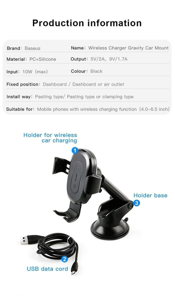 Planet Gates Baseus Wireless Car Charger For iPhone Xs Max Xr X 8 Samsung Note 9 Qi Wireless Charger Fast Wirless Charging Car Phone Holder