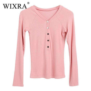 Planet Gates Basic V Neck Women Cotton T-shirts Female Casual Tops Long Sleeve T-shirt Women Soft Elegant Knit Top Tees With Button