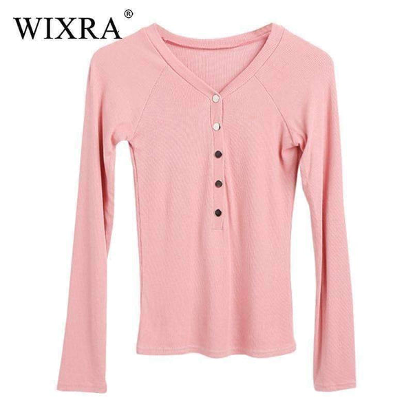 Planet Gates Basic V Neck Women Cotton T-shirts Female Casual Tops Long Sleeve T-shirt Women Soft Elegant Knit Top Tees With Button