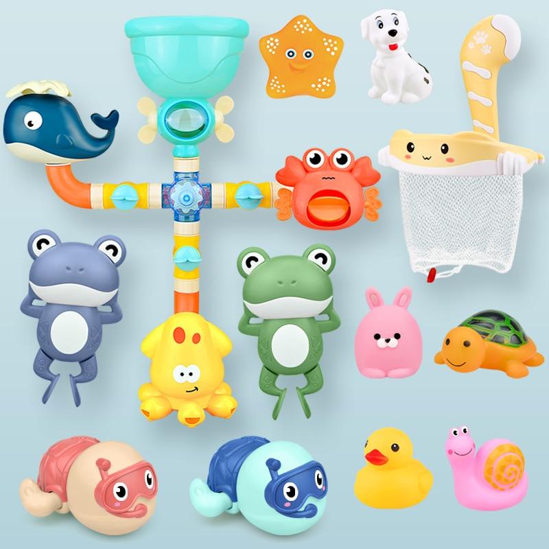 Planet Gates Bath Toys Baby Water Game Faucet Shower Rubber Duck Waterwheel Dabbling Water Spray Set For Kids Animals Bathroom Summer Toys