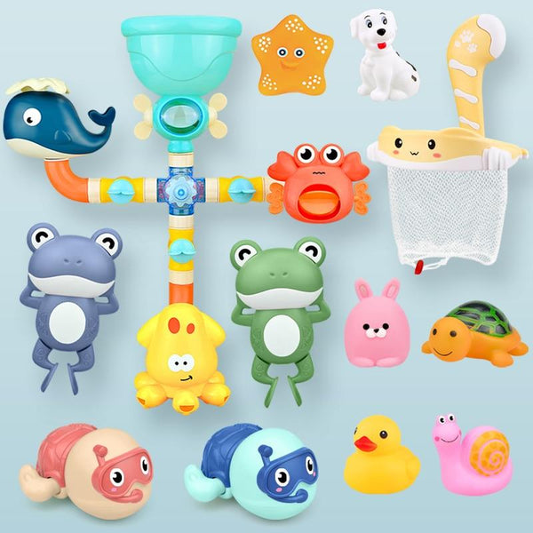 Planet Gates Bath Toys Baby Water Game Faucet Shower Rubber Duck Waterwheel Dabbling Water Spray Set For Kids Animals Bathroom Summer Toys