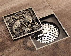 Planet Gates Bathroom Fish Lotus Pattern Brass Copper Deodorant Bathroom Shower Floor Drain for Kitchen Balcony Y38065