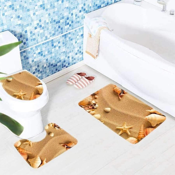 Planet Gates Bathroom Mat Sets 3 Piece Beach Sea Shell Pattern Toilet Mat Anti Slip Bathroom Rug Set Bathroom Products