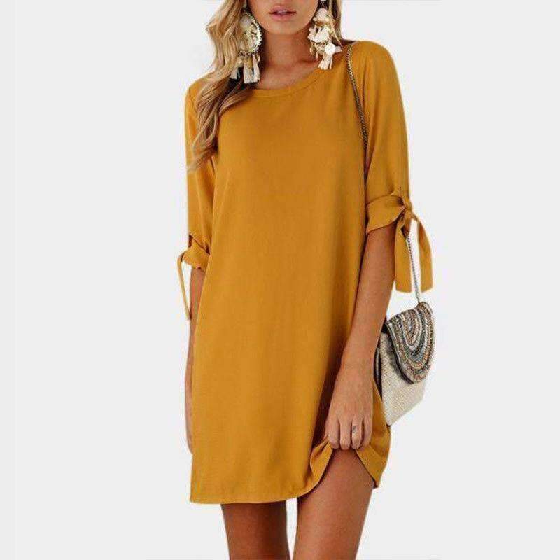 Planet Gates Beach Summer Women Casual Solid Dresses Half Sleeve Short Vestidos Ladies Elegant Party Bow Tie Loose Scoop Neck Mini Dress