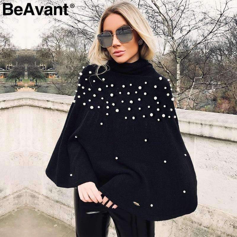 Planet Gates Beading pearl knitted sweater women cloak Loose pullover 2018 winter jumper pull femme Oversized turtleneck sweater cape