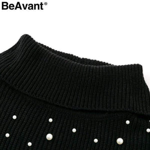 Planet Gates Beading pearl knitted sweater women cloak Loose pullover 2018 winter jumper pull femme Oversized turtleneck sweater cape
