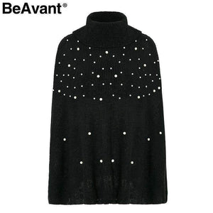 Planet Gates Beading pearl knitted sweater women cloak Loose pullover 2018 winter jumper pull femme Oversized turtleneck sweater cape