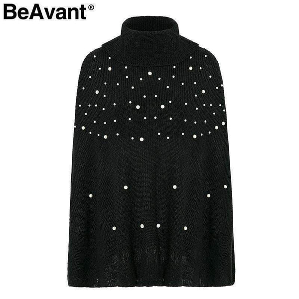 Planet Gates Beading pearl knitted sweater women cloak Loose pullover 2018 winter jumper pull femme Oversized turtleneck sweater cape