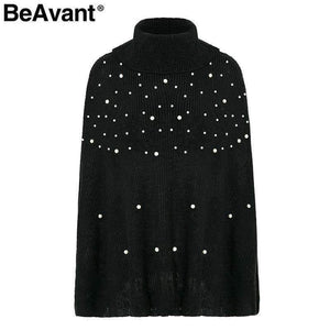 Planet Gates Beading pearl knitted sweater women cloak Loose pullover 2018 winter jumper pull femme Oversized turtleneck sweater cape