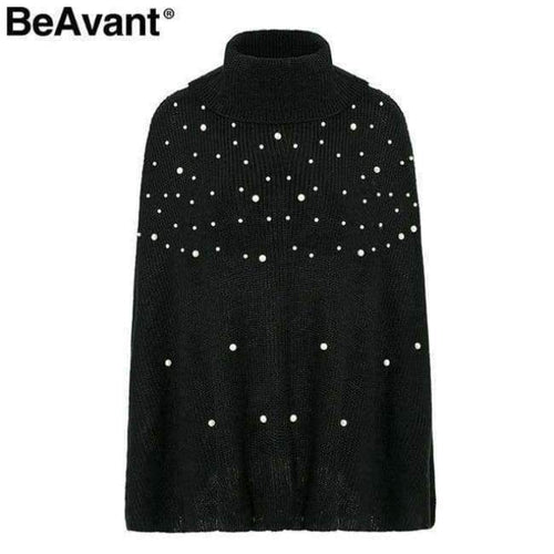 Planet Gates Beading pearl knitted sweater women cloak Loose pullover 2018 winter jumper pull femme Oversized turtleneck sweater cape