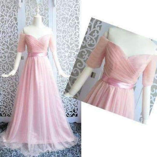 Planet Gates bean pink / 2 Black Purple Red Gray Cheap Bridesmaid Dresses A-Line Off the Shoulder Half Sleeve Wedding party dress SW0035
