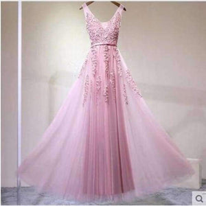Planet Gates bean pink / 2 V-neck Evening Dress Robe De Soiree 2018 High Quality Grey Tulle With Applique Evening Dresses Real Photo Vestido De Festa