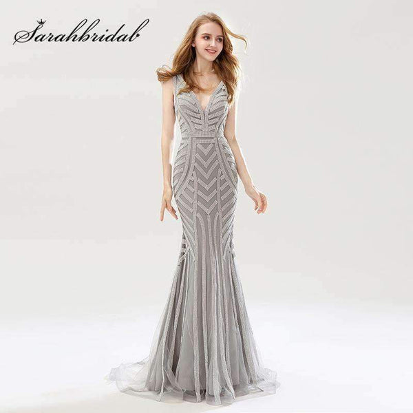 Planet Gates Beauty Silver Beading Mermaid Evening Dresses Sexy Tulle V-Neck Long Women Important Party Dress Luxury Prom Gowns OL476