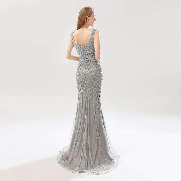Planet Gates Beauty Silver Beading Mermaid Evening Dresses Sexy Tulle V-Neck Long Women Important Party Dress Luxury Prom Gowns OL476