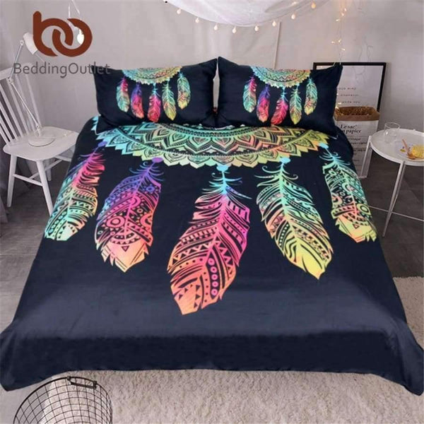 Planet Gates Bedding Dreamcatcher Bedding Set King Colorful Feathers Duvet Cover Bohemian Mandala Bedclothes 3pcs Black Home Textiles