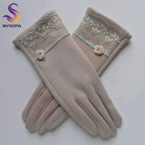 Planet Gates beige 1 [BYSIFA] Cashmere Wool Women Gloves Winter Thick Ladies Lace Embroidered Wool Gloves Grey And Green Elegant Soft Mittens Gloves