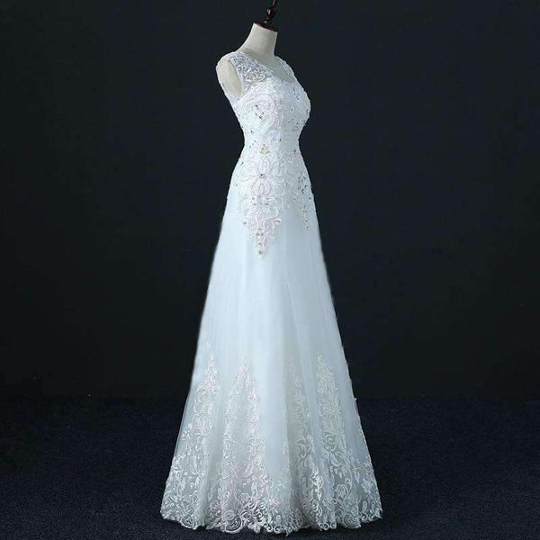 Planet Gates Beige / 10 / Floor Length Crystal Wedding Dress A Line Vestido De Novia Pearls Bridal Dresses Robe De Marriage Wedding Gowns