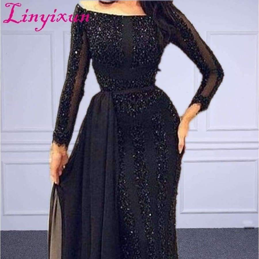 Planet Gates Beige / 2 Arabic Muslim Evening Dress Long sleeve Beading Black Formal Prom Dress Custom Made Evening Party Gown