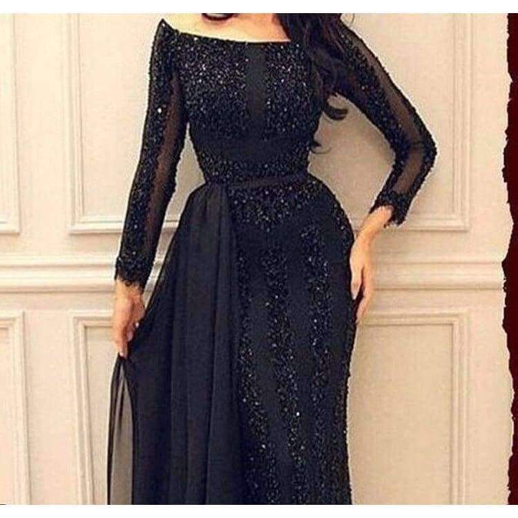 Planet Gates Beige / 2 Arabic Muslim Evening Dress Long sleeve Beading Black Formal Prom Dress Custom Made Evening Party Gown