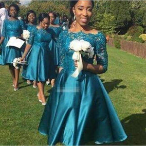 Planet Gates Beige / 2 Bridesmaid Dresses For Weddings Teal Satin Lace Half Sleeves Tea Length Plus Size Formal Gowns vestido de festa long