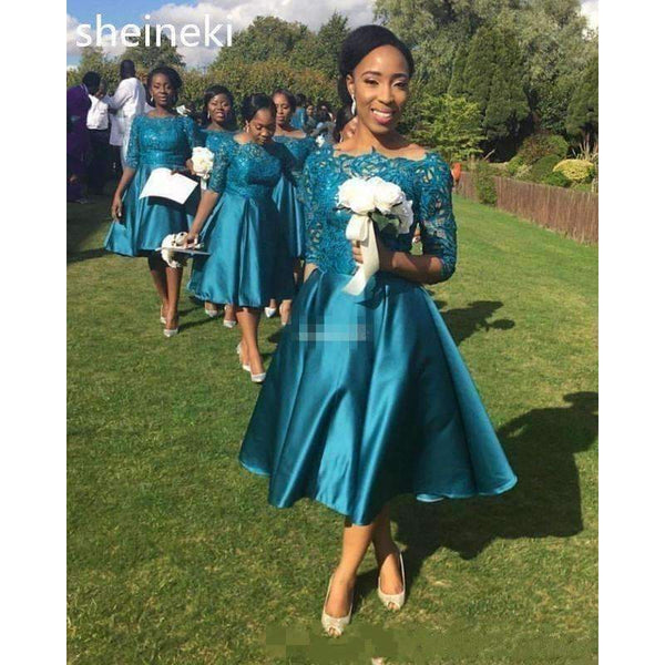 Planet Gates Beige / 2 Bridesmaid Dresses For Weddings Teal Satin Lace Half Sleeves Tea Length Plus Size Formal Gowns vestido de festa long